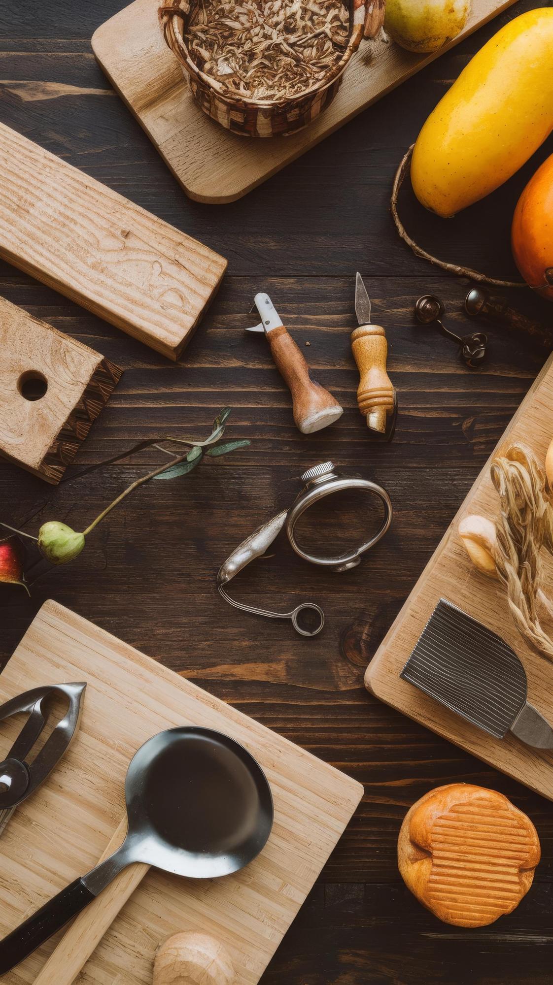 Workshop table with tools and ingredients
