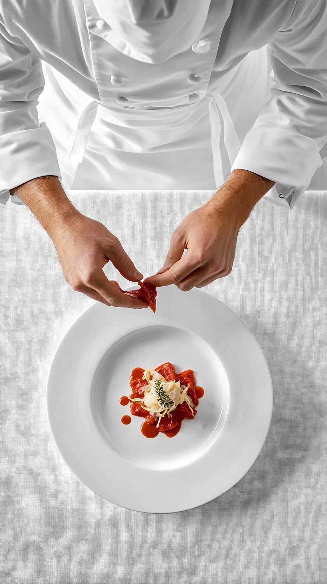 Chef plating a dish with precise tools